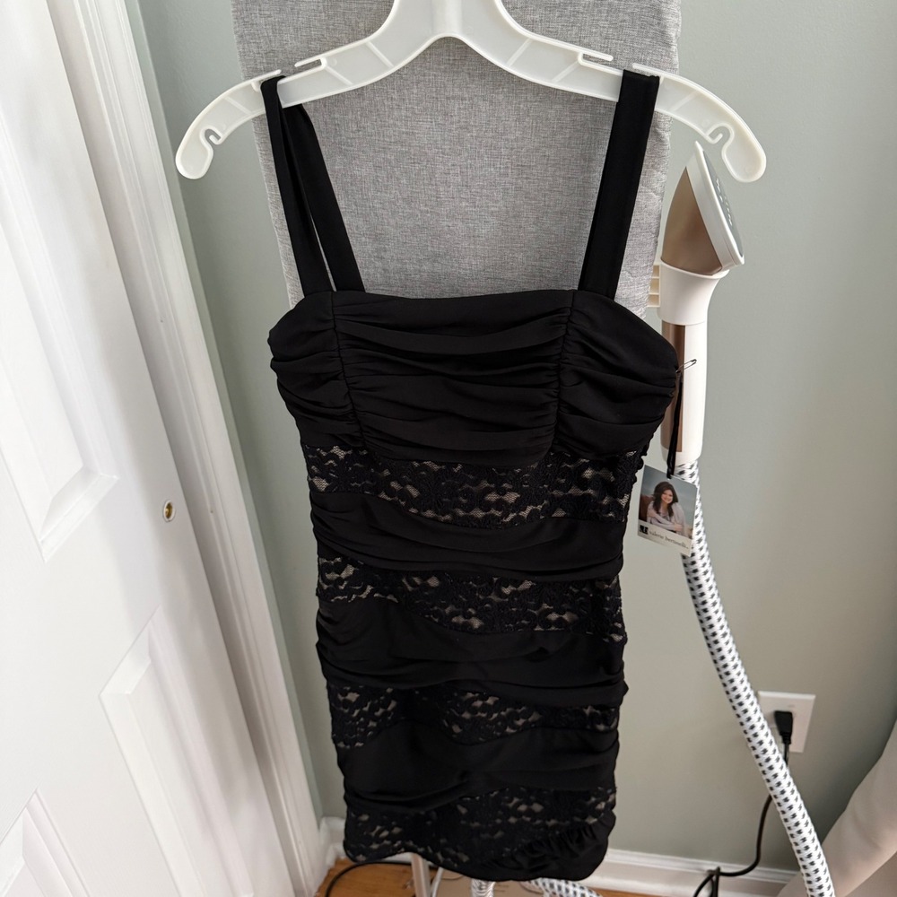 Valerie Bertinelli Black Lace Ruched Bodycon Mini Dress 6 Cocktail Y2K Dress